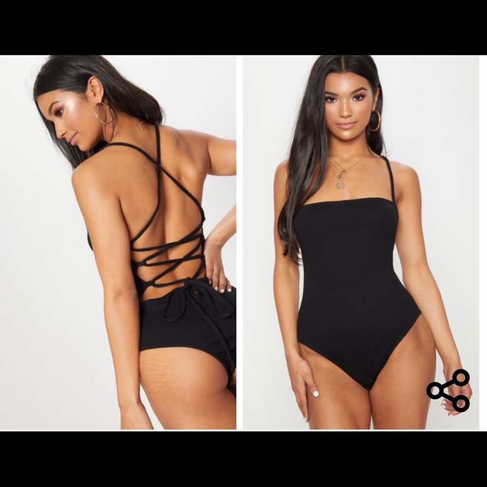 Black Rib Strappy Back Thong Bodysuit